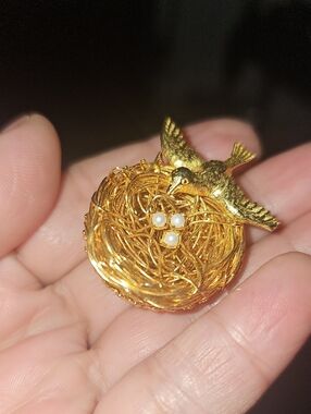 Gold Bird on Nest Brooch with Pearl Eggs - Gold